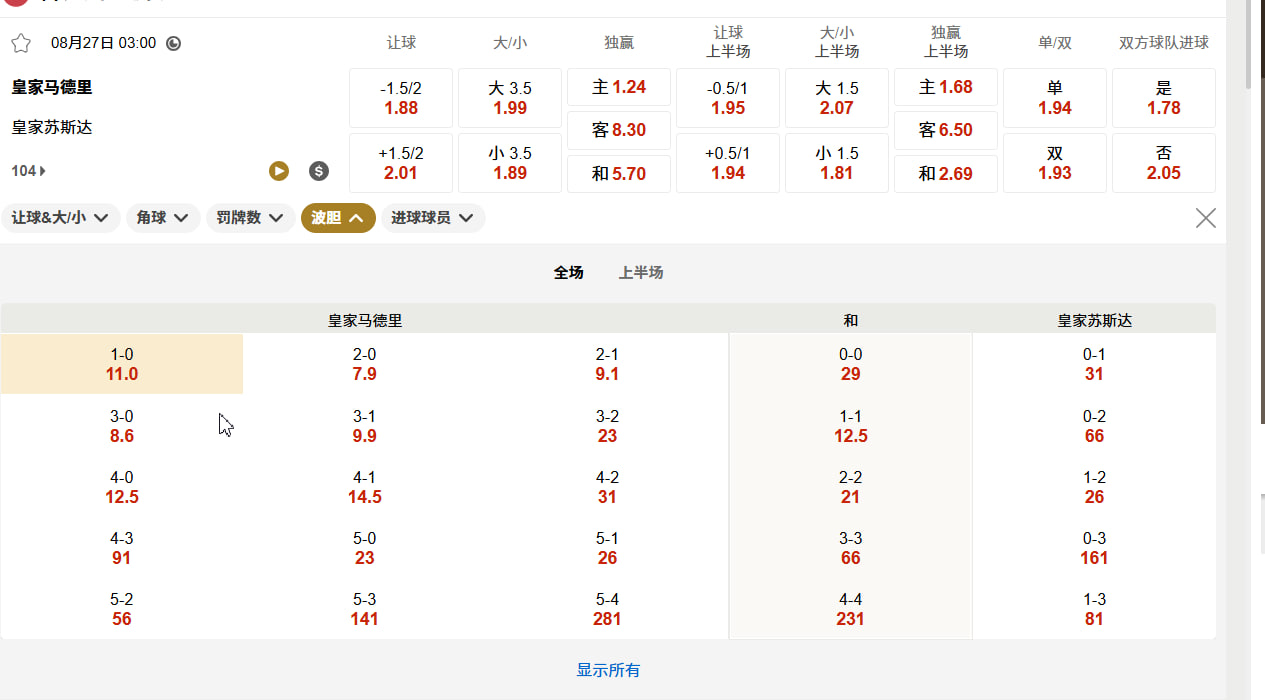 西甲 08月27日 03:00 皇家马德里 (主) vs 皇家社会 (客)