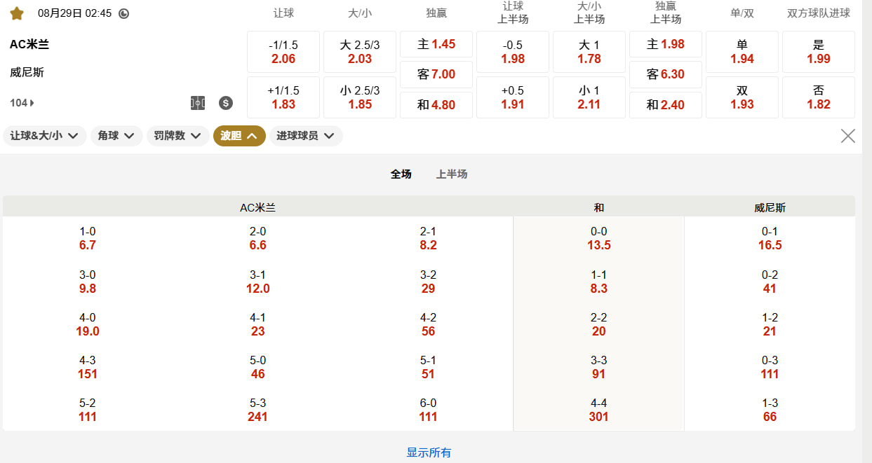 08月29日 02:45 意甲第 2 轮：AC米兰 (主) vs 威尼斯 (客)