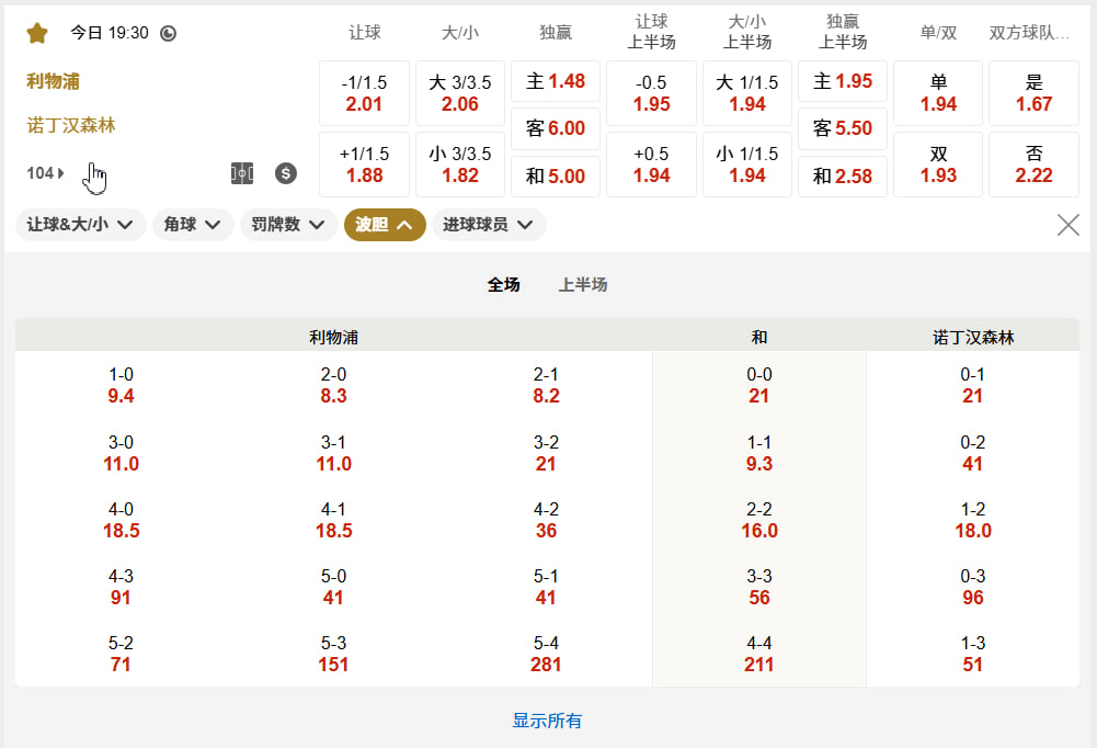 英超08月29日  19:30 利物浦 (主) vs 诺丁汉森林 (客)