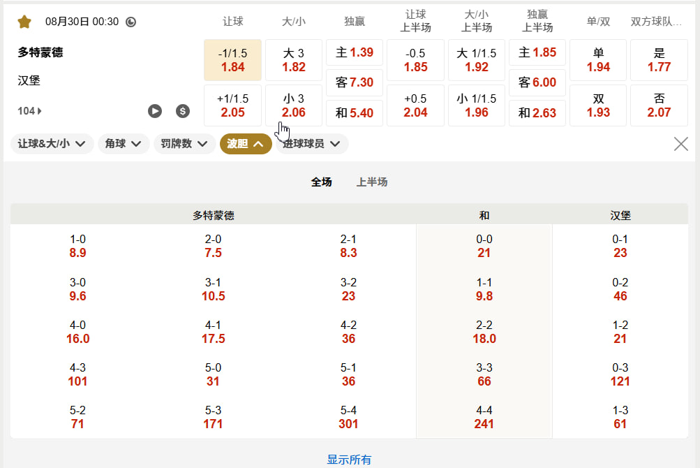 德甲 08月30日 00:30 多特蒙德 (主) vs 汉堡 (客)