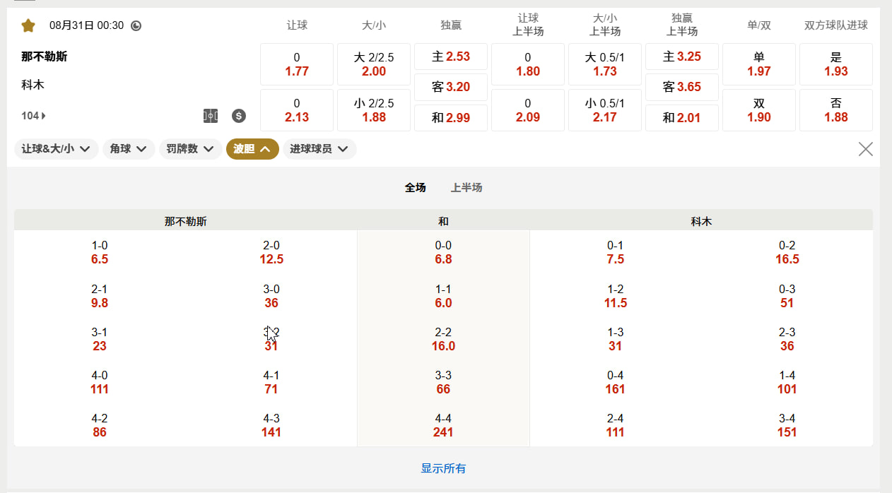 意甲  08月31日 00:30 那不勒斯 (主) vs 科莫 (客)