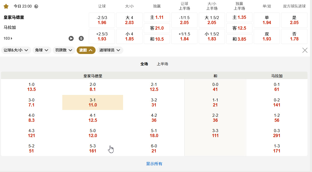 西甲  08月30日 23:00 西甲第 3 轮：皇家马德里 (主) vs 马拉加 (客)
