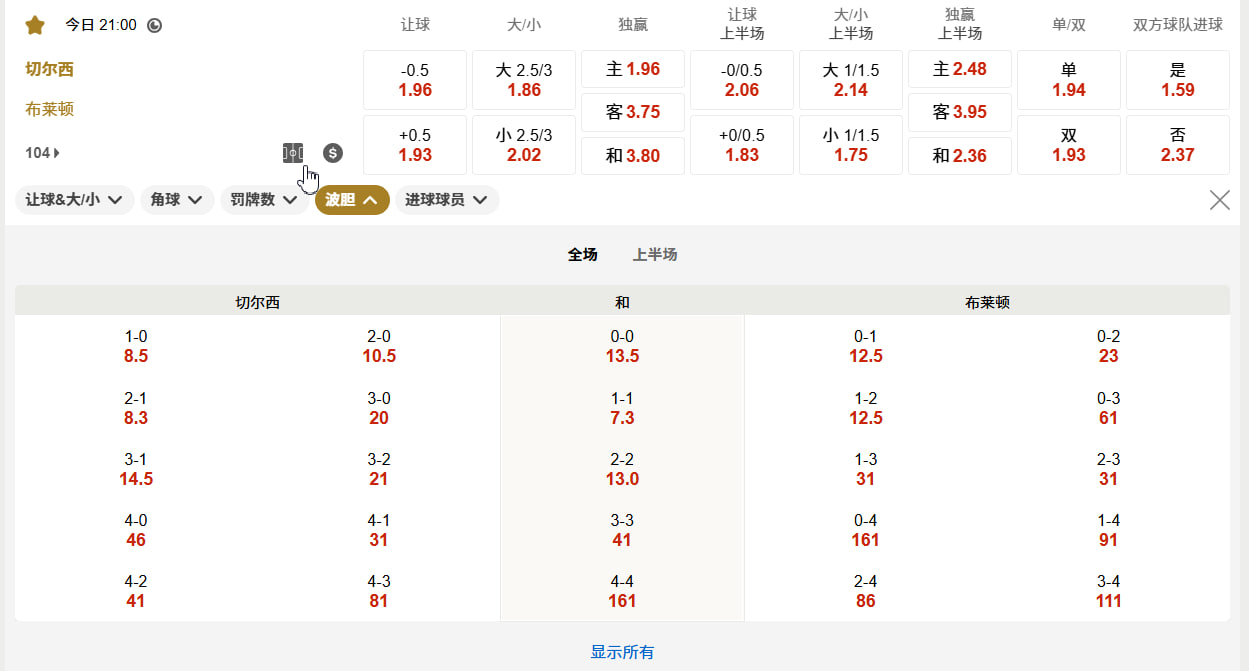 英超08月30日 21:00 切尔西 (主) vs 布莱顿 (客)