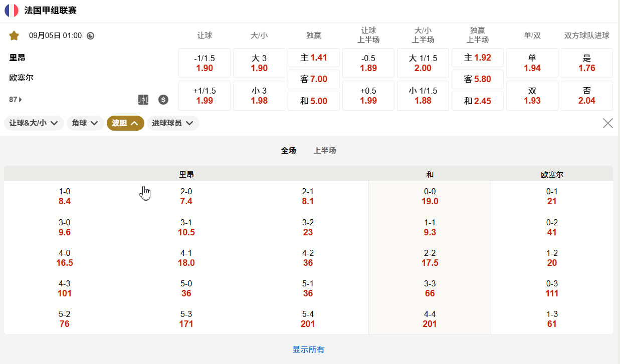 法甲 09月05日 01:00 法甲第 3 轮：里昂 (主) vs 欧塞尔 (客)
