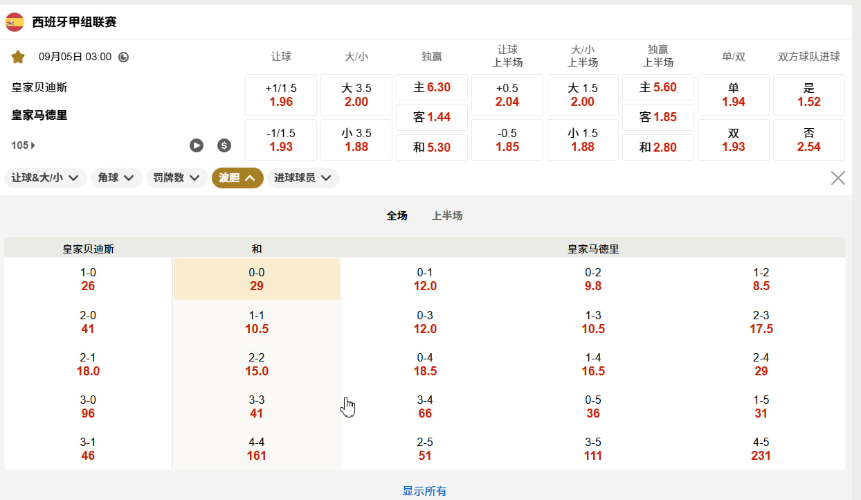 西甲  09月05日 03:00 西甲：皇家贝蒂斯 (主) vs 皇家马德里 (客)