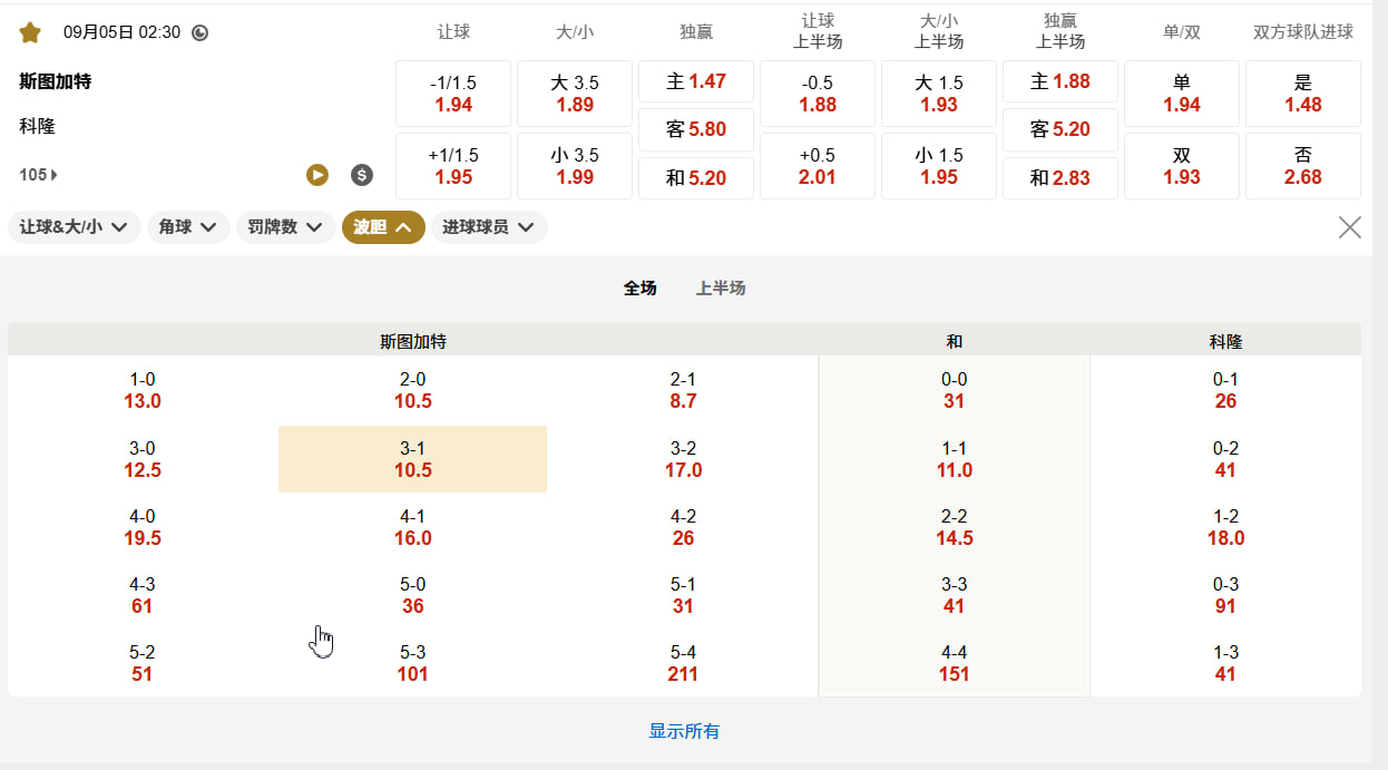 德甲  09月05日 02:30 德甲：斯图加特 (主) vs 科隆 (客)