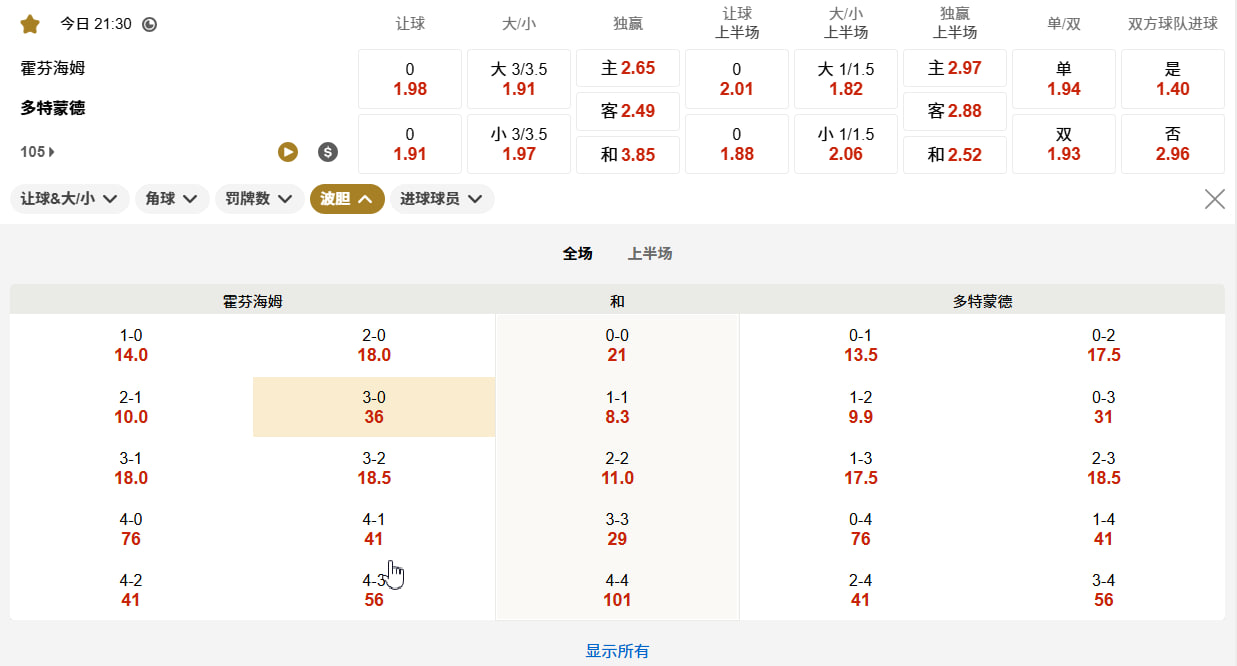 德甲09月05日 21:30 德甲：霍芬海姆 (主) vs 多特蒙德 (客)