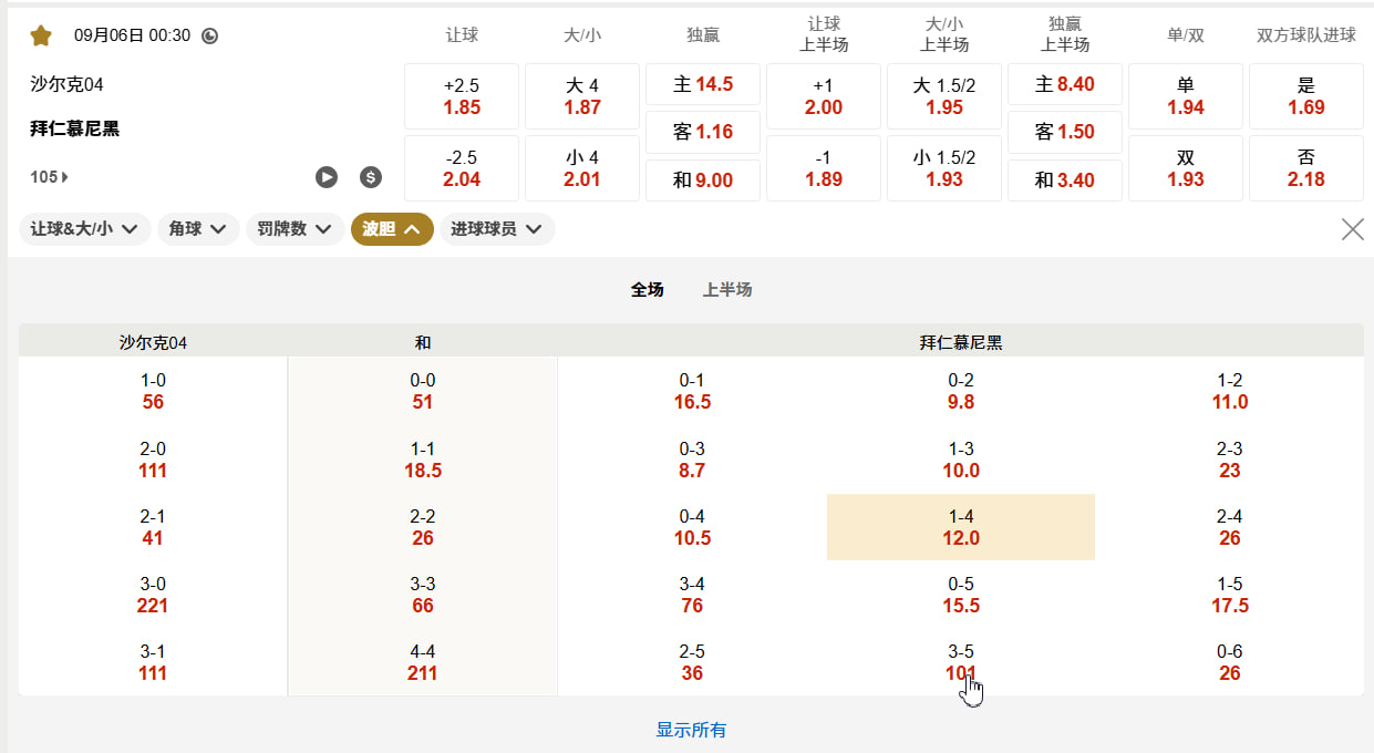 德甲 09月06日 00:30 德甲：沙尔克04 (主) vs 拜仁慕尼黑 (客)