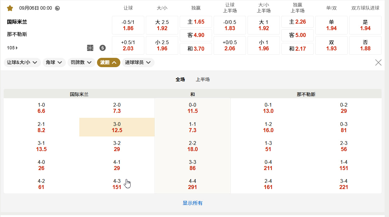 意甲 09月06日 00:00 意甲第 3 轮：国际米兰 (主) vs 那不勒斯 (客)